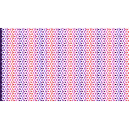 Geometric pattern of overlapping scalloped shapes with pink, coral, red, and purple colors on a dark background.