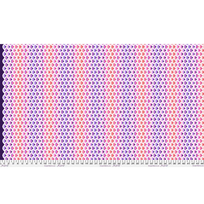 Geometric pattern of overlapping scalloped shapes with pink, coral, red, and purple colors on a dark background with a ruler for scale.