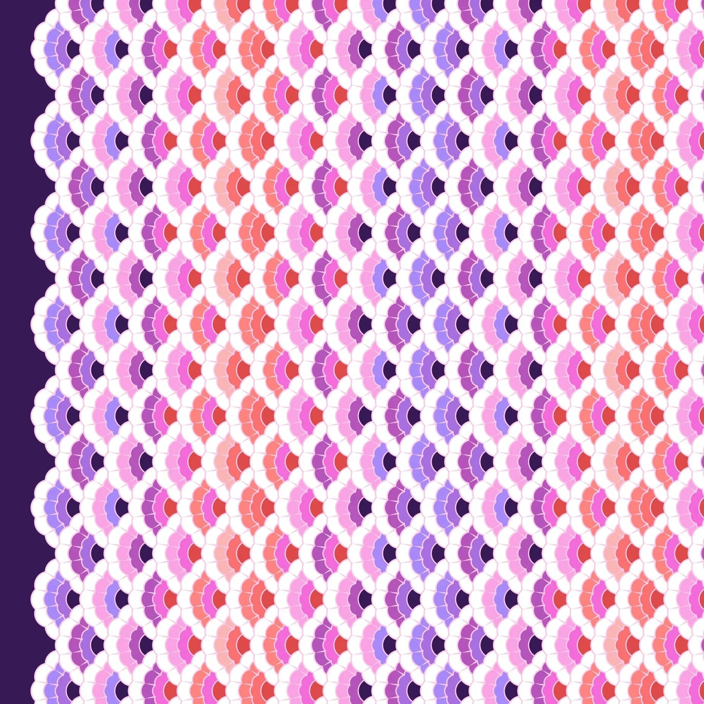 Geometric pattern of overlapping scalloped shapes with pink, coral, red, and purple colors on a dark background.