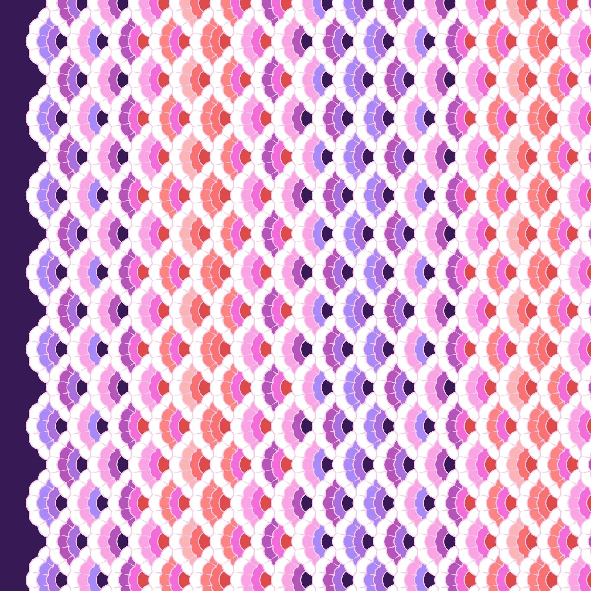 Geometric pattern of overlapping scalloped shapes with pink, coral, red, and purple colors on a dark background.
