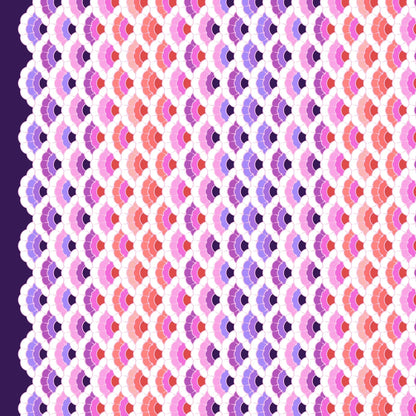 Geometric pattern of overlapping scalloped shapes with pink, coral, red, and purple colors on a dark background.