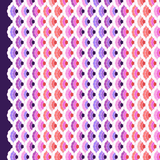 Geometric pattern of overlapping scalloped shapes with pink, coral, red, and purple colors on a dark background.