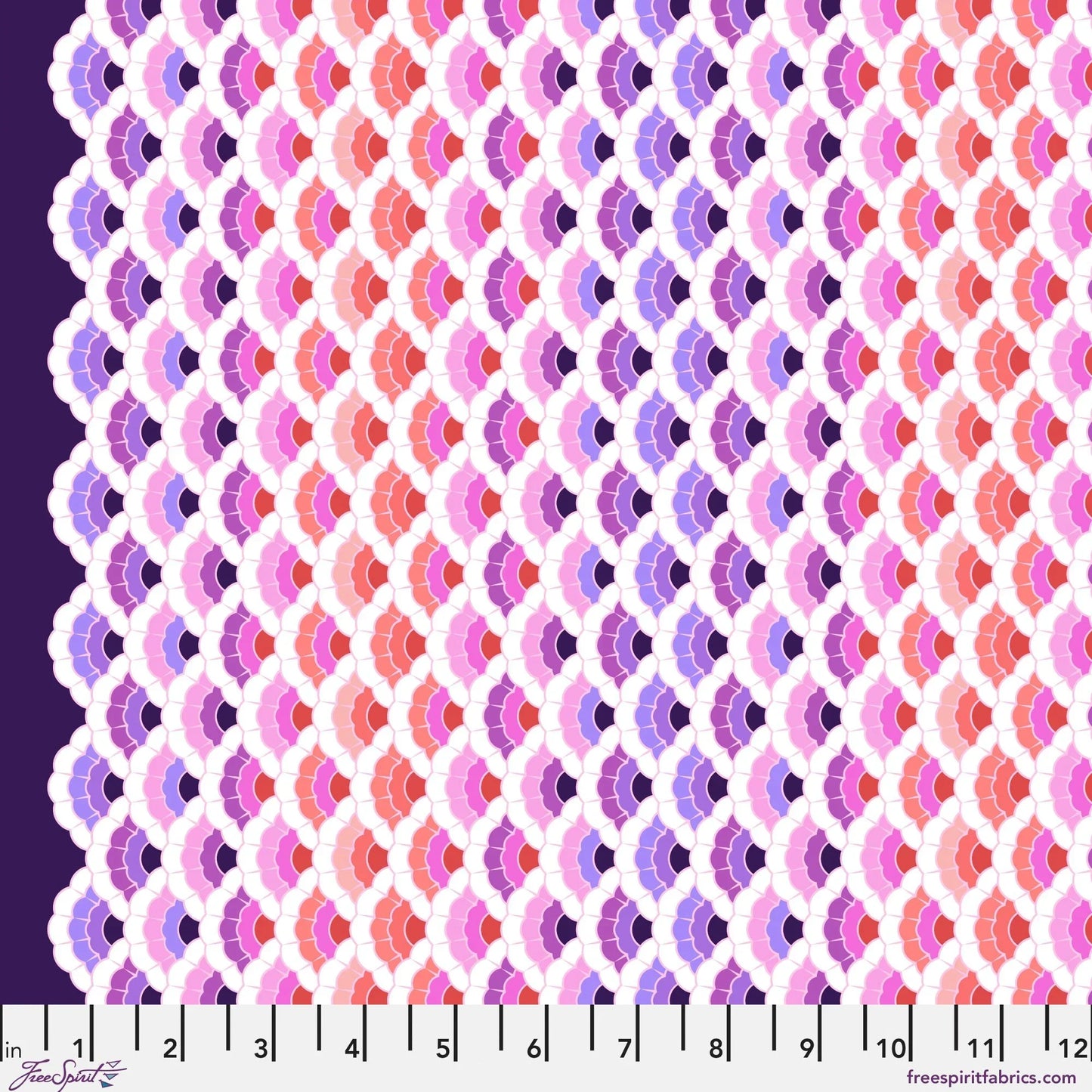 Geometric pattern of overlapping scalloped shapes with pink, coral, red, and purple colors on a dark background with a ruler for scale.