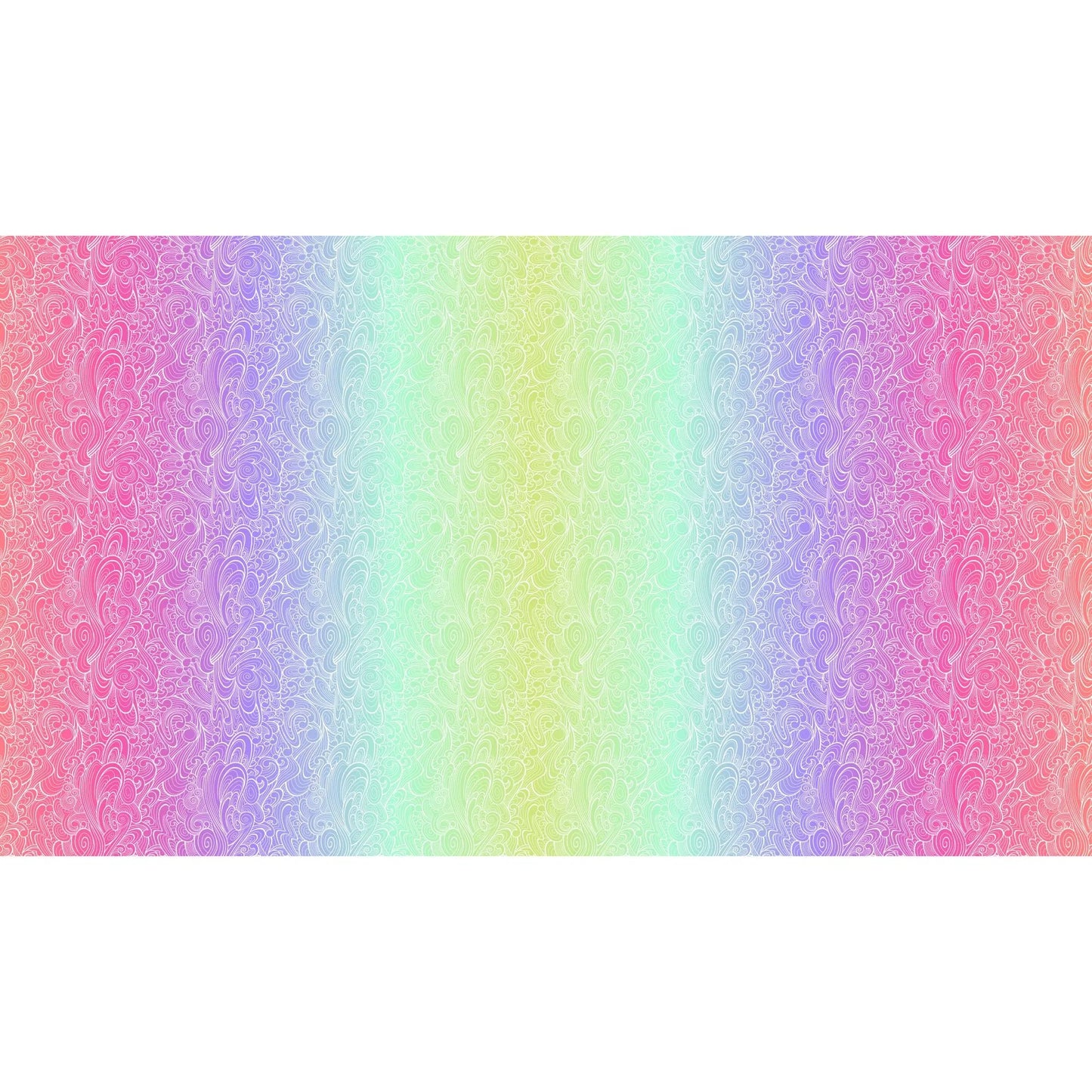 Pattern of swirling white line-work flowing across an full-width ombre background that shifts from magenta to purple to mint to green and back.