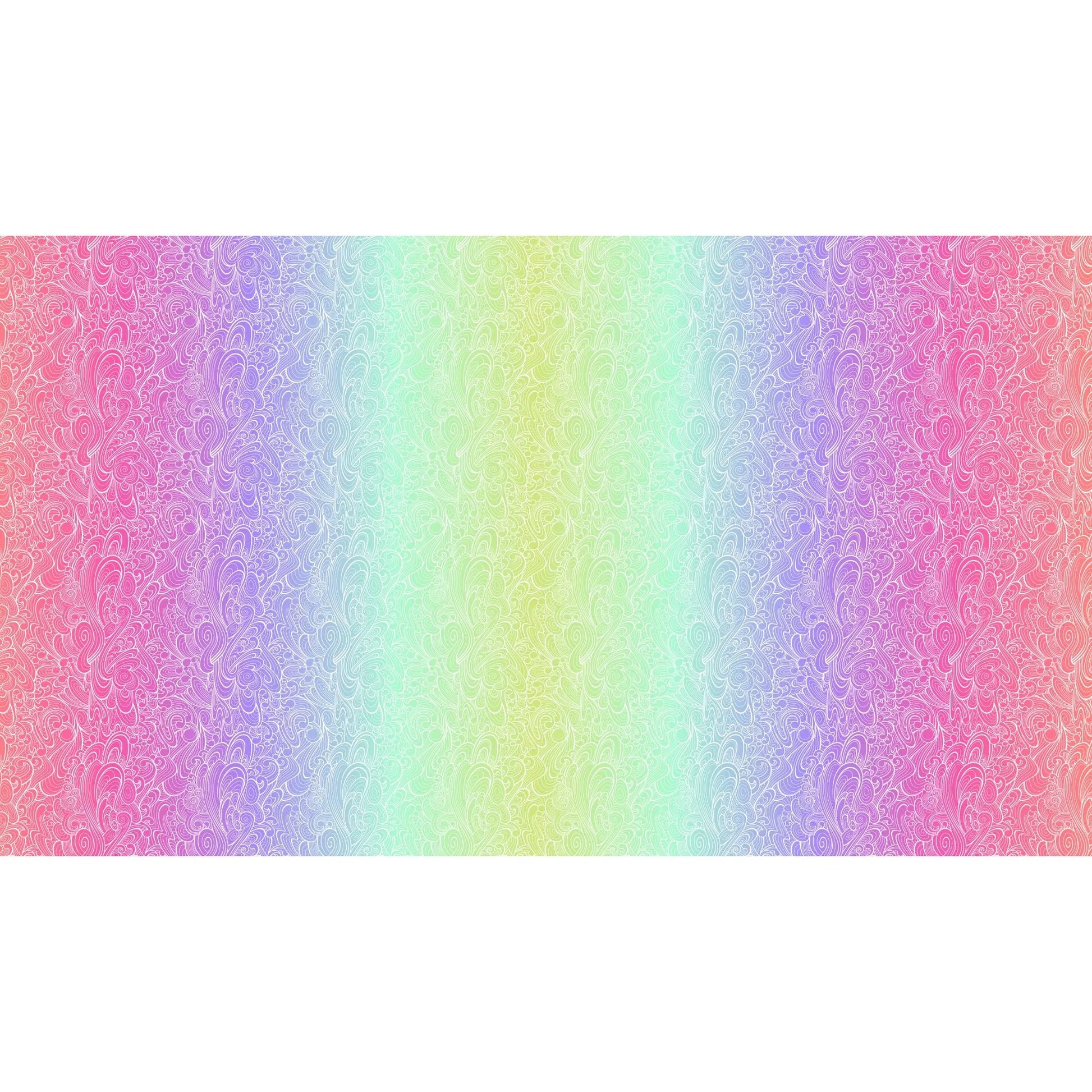 Pattern of swirling white line-work flowing across an full-width ombre background that shifts from magenta to purple to mint to green and back.