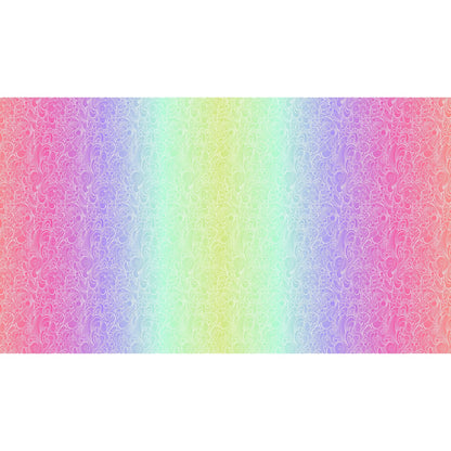 Pattern of swirling white line-work flowing across an full-width ombre background that shifts from magenta to purple to mint to green and back.