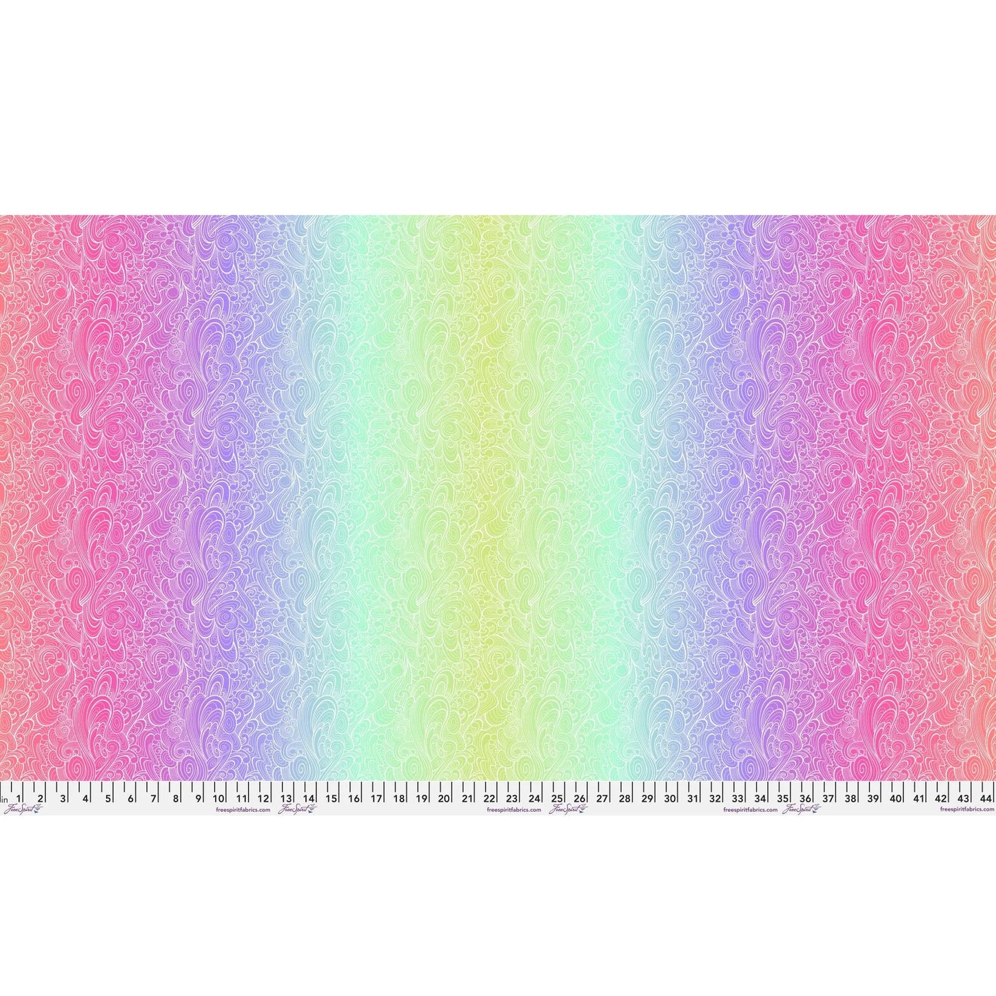 Pattern of swirling white line-work flowing across an full-width ombre background that shifts from magenta to purple to mint to green and back. Ruler at the bottom for scale.