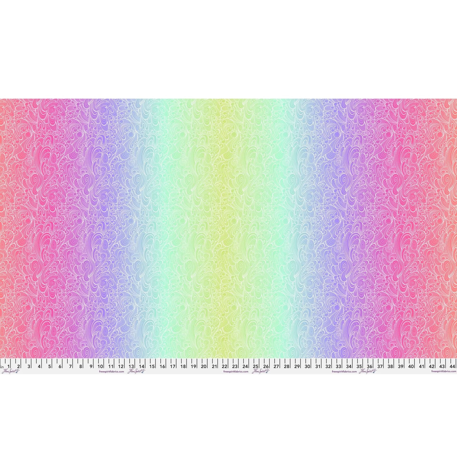 Pattern of swirling white line-work flowing across an full-width ombre background that shifts from magenta to purple to mint to green and back. Ruler at the bottom for scale.