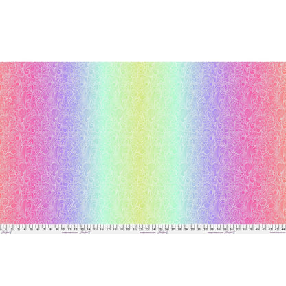 Pattern of swirling white line-work flowing across an full-width ombre background that shifts from magenta to purple to mint to green and back. Ruler at the bottom for scale.