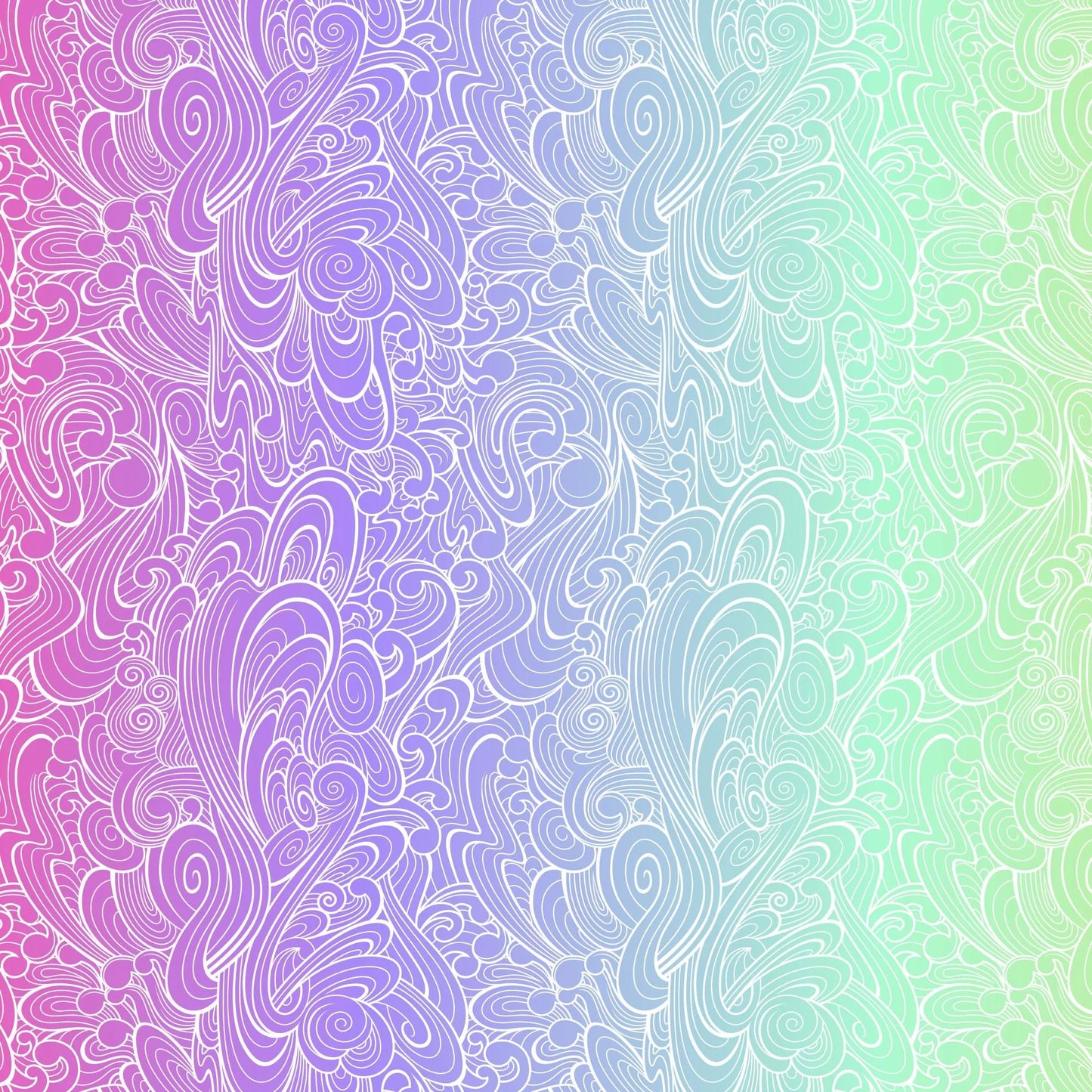 Pattern of swirling white line-work flowing across an ombre background that shifts from magenta to purple to mint to green.