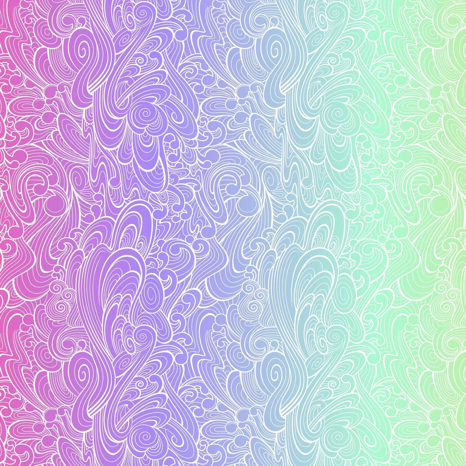 Pattern of swirling white line-work flowing across an ombre background that shifts from magenta to purple to mint to green.