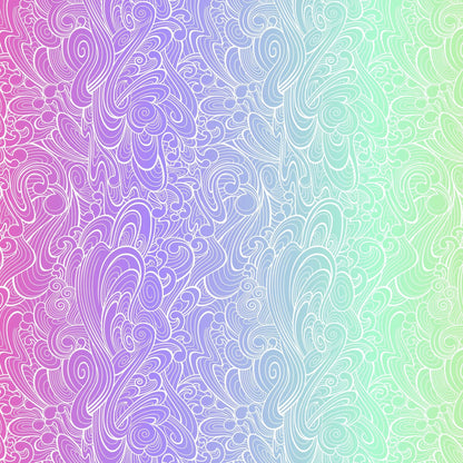 Pattern of swirling white line-work flowing across an ombre background that shifts from magenta to purple to mint to green.