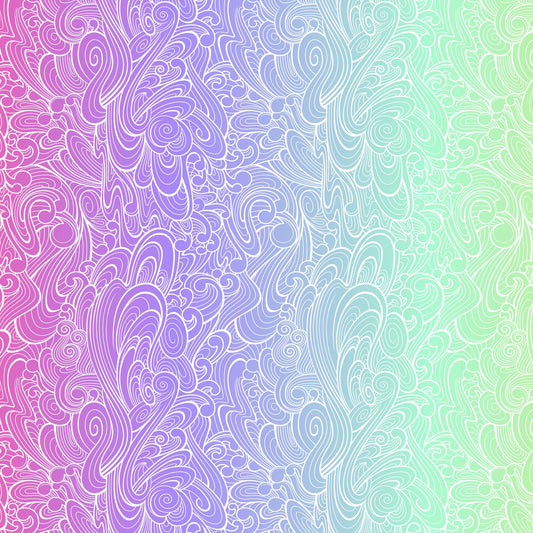 Pattern of swirling white line-work flowing across an ombre background that shifts from magenta to purple to mint to green.