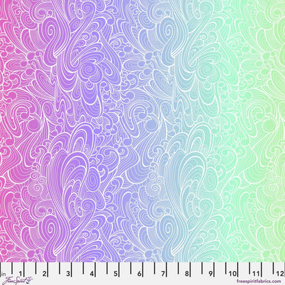 Pattern of swirling white line-work flowing across an ombre background that shifts from magenta to purple to mint to green. Ruler at the bottom for scale.