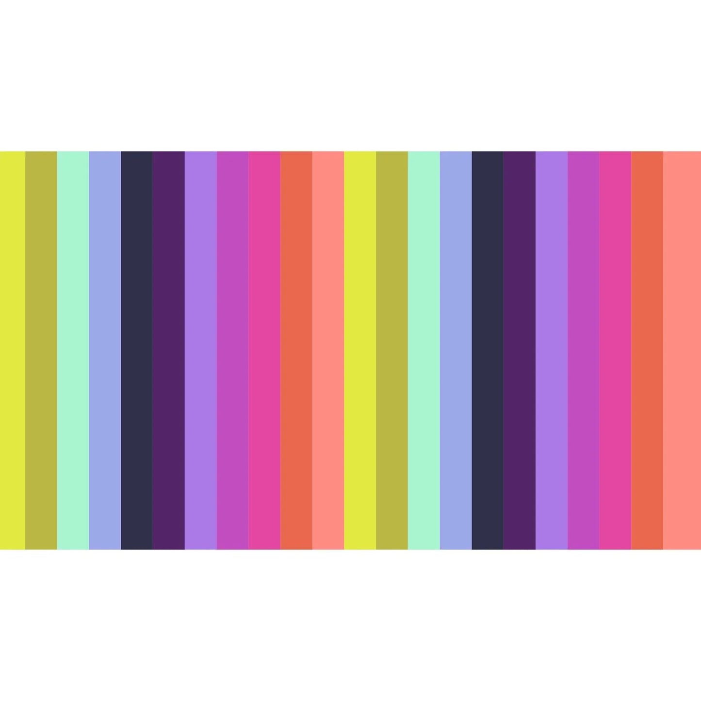 Pattern of crisp, evenly spaced stripes in a vivid parade of colors, including chartreuse, mint, periwinkle, navy, violet, magenta, pink, coral, and peach.