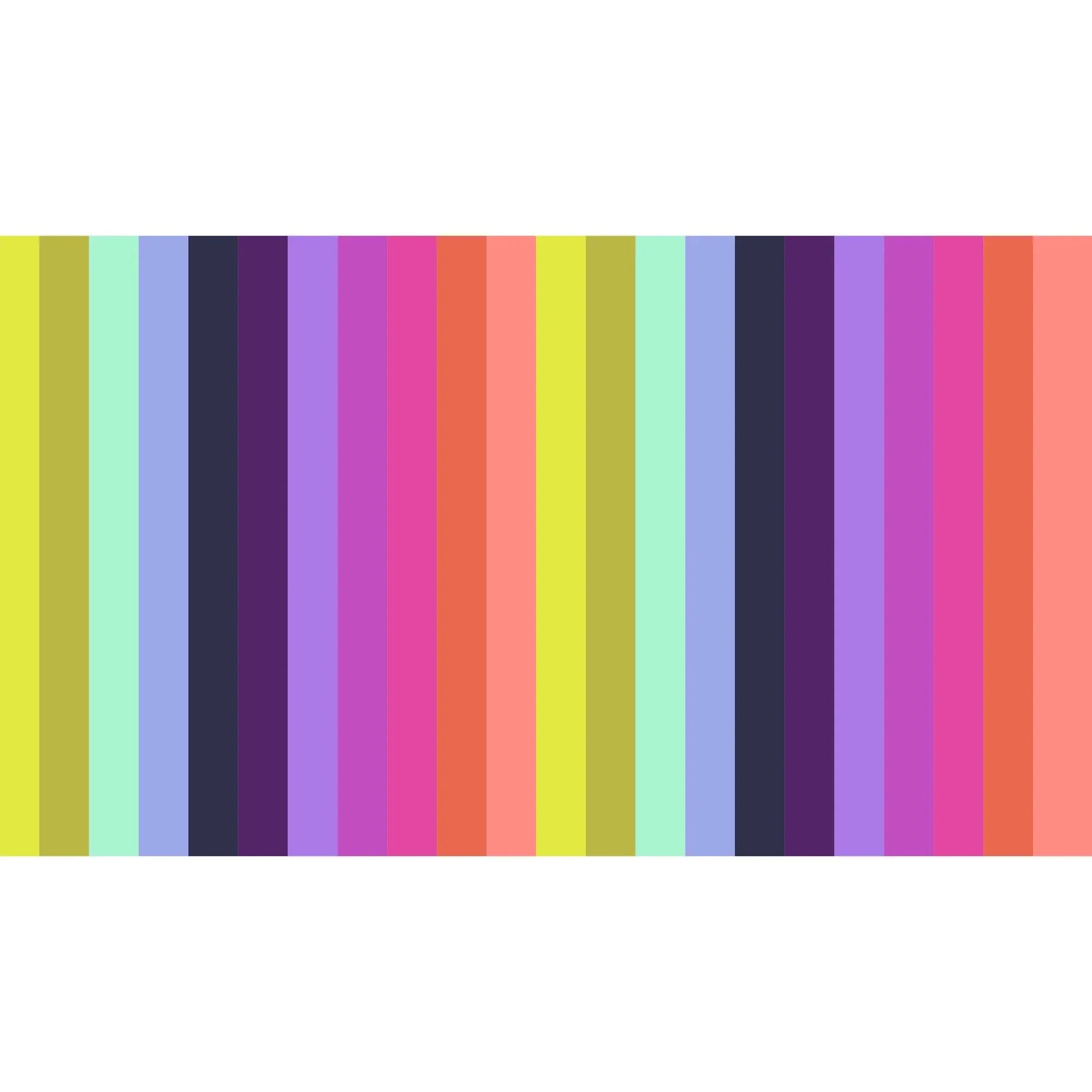 Pattern of crisp, evenly spaced stripes in a vivid parade of colors, including chartreuse, mint, periwinkle, navy, violet, magenta, pink, coral, and peach.