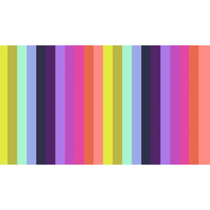 Pattern of crisp, evenly spaced stripes in a vivid parade of colors, including chartreuse, mint, periwinkle, navy, violet, magenta, pink, coral, and peach.