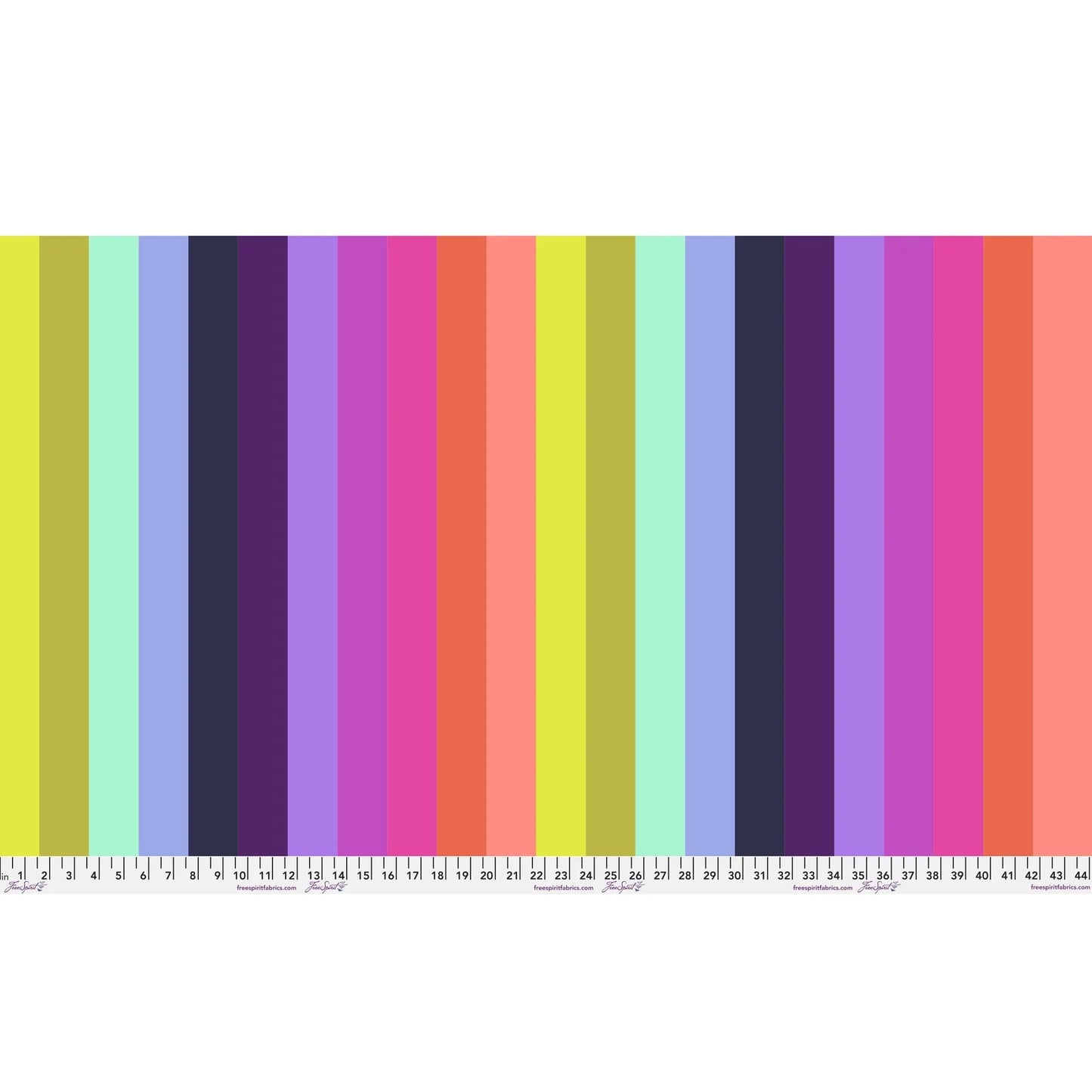 Pattern of crisp, evenly spaced stripes in a vivid parade of colors, including chartreuse, mint, periwinkle, navy, violet, magenta, pink, coral, and peach. Ruler at the bottom for scale.
