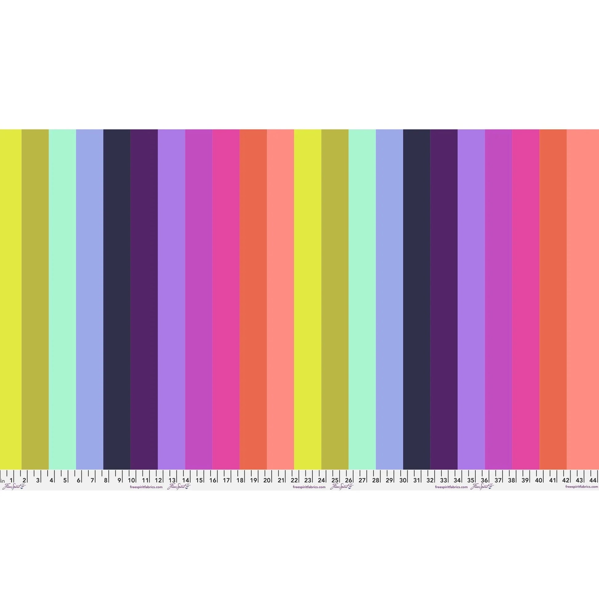 Pattern of crisp, evenly spaced stripes in a vivid parade of colors, including chartreuse, mint, periwinkle, navy, violet, magenta, pink, coral, and peach. Ruler at the bottom for scale.