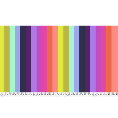 Pattern of crisp, evenly spaced stripes in a vivid parade of colors, including chartreuse, mint, periwinkle, navy, violet, magenta, pink, coral, and peach. Ruler at the bottom for scale.