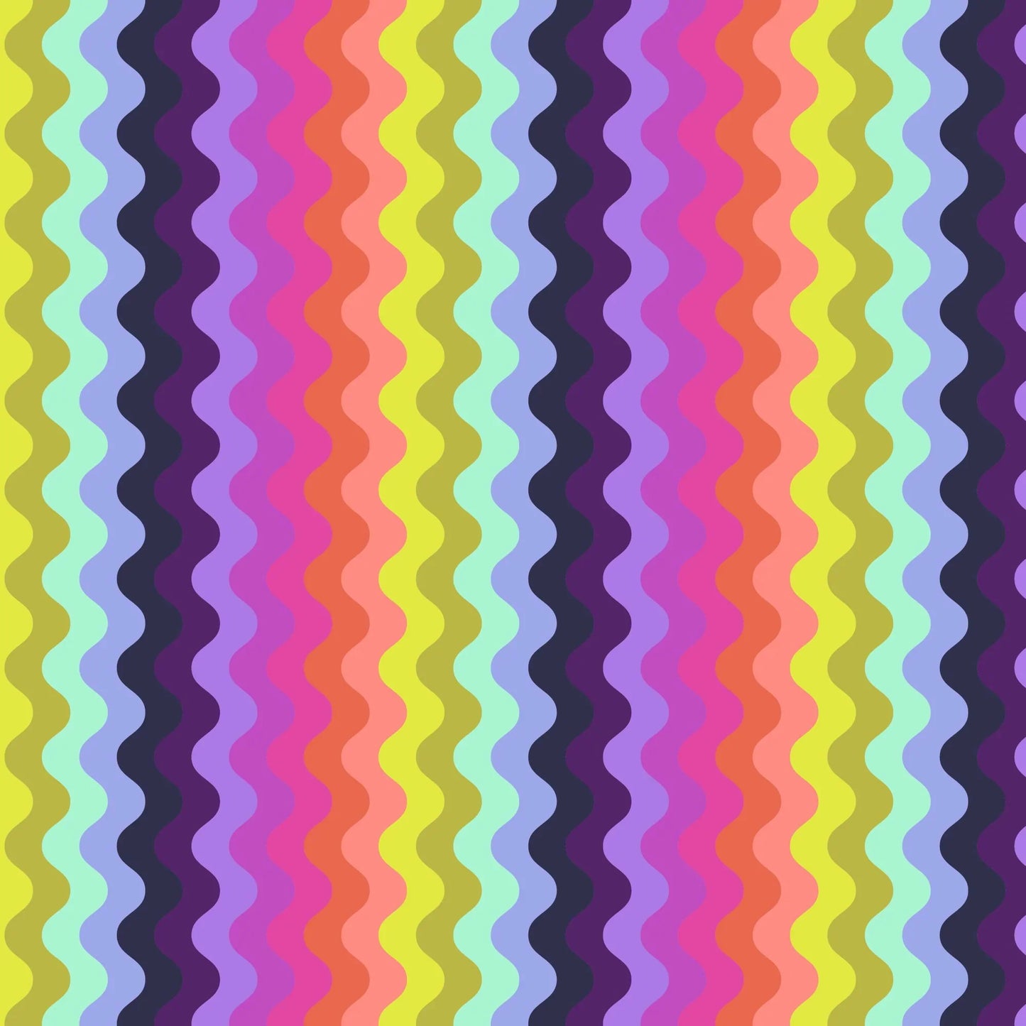 Pattern of undulating vertical waves in a rich, psychedelic sequence of colors, including chartreuse, mint, periwinkle, navy, lavender, magenta, pink, coral, and peach. 