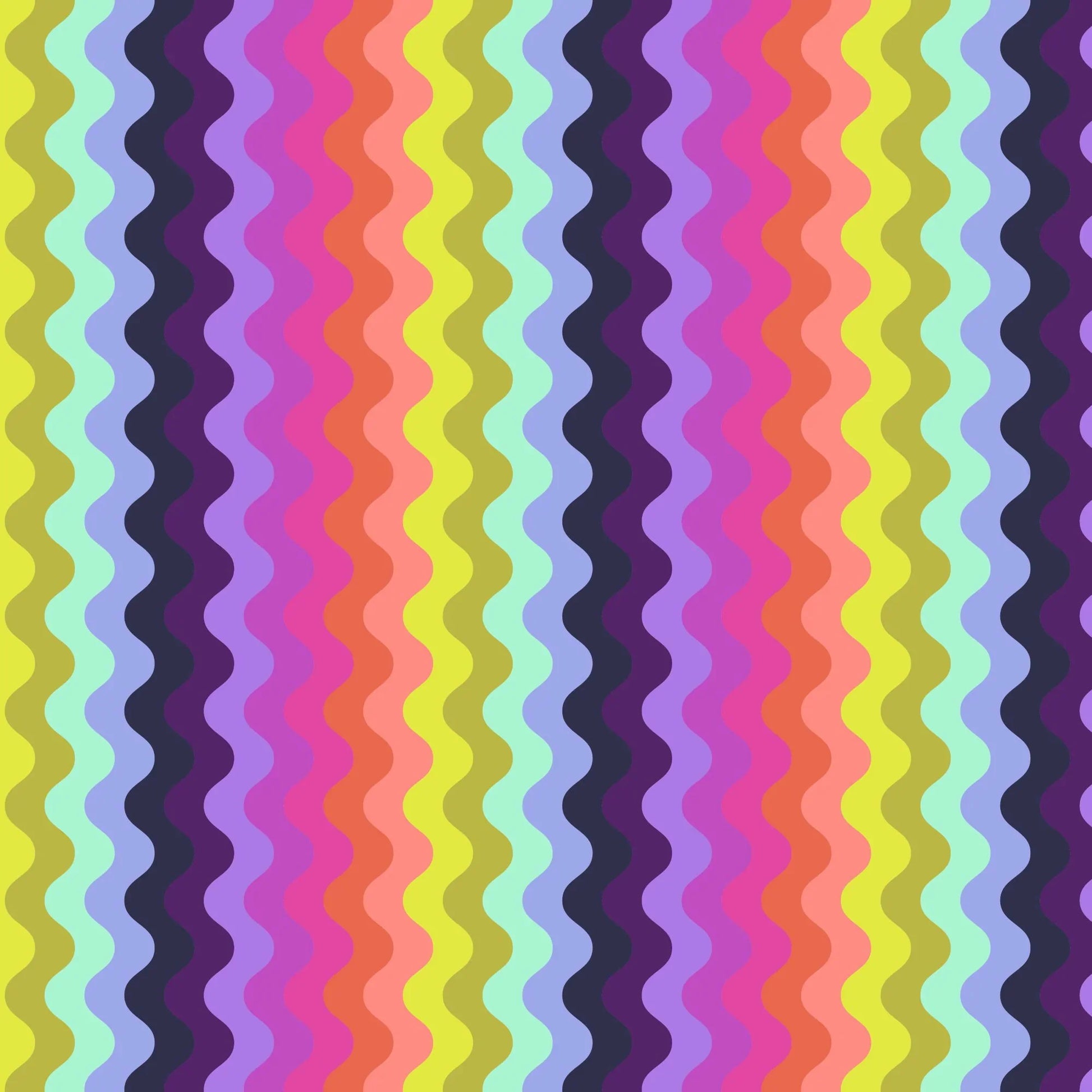 Pattern of undulating vertical waves in a rich, psychedelic sequence of colors, including chartreuse, mint, periwinkle, navy, lavender, magenta, pink, coral, and peach. 