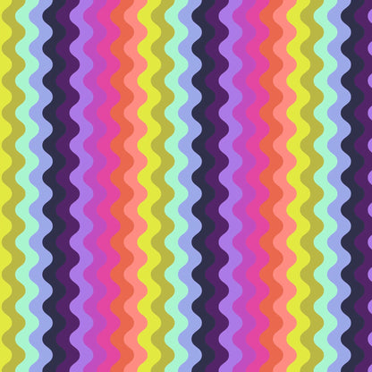 Pattern of undulating vertical waves in a rich, psychedelic sequence of colors, including chartreuse, mint, periwinkle, navy, lavender, magenta, pink, coral, and peach. 