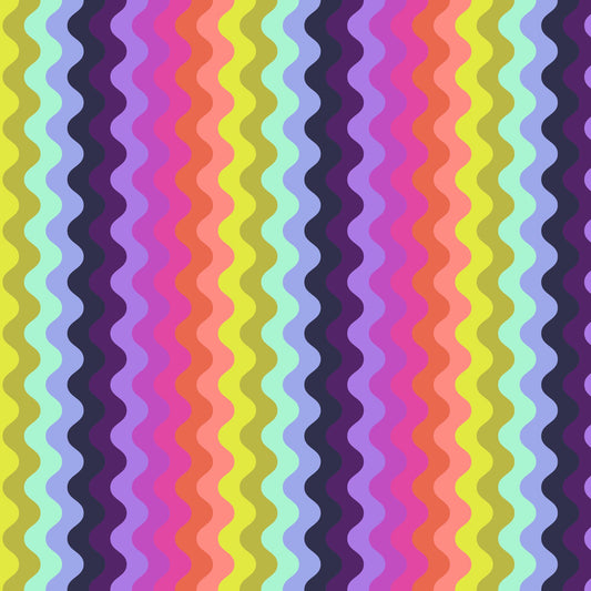 Pattern of undulating vertical waves in a rich, psychedelic sequence of colors, including chartreuse, mint, periwinkle, navy, lavender, magenta, pink, coral, and peach. 