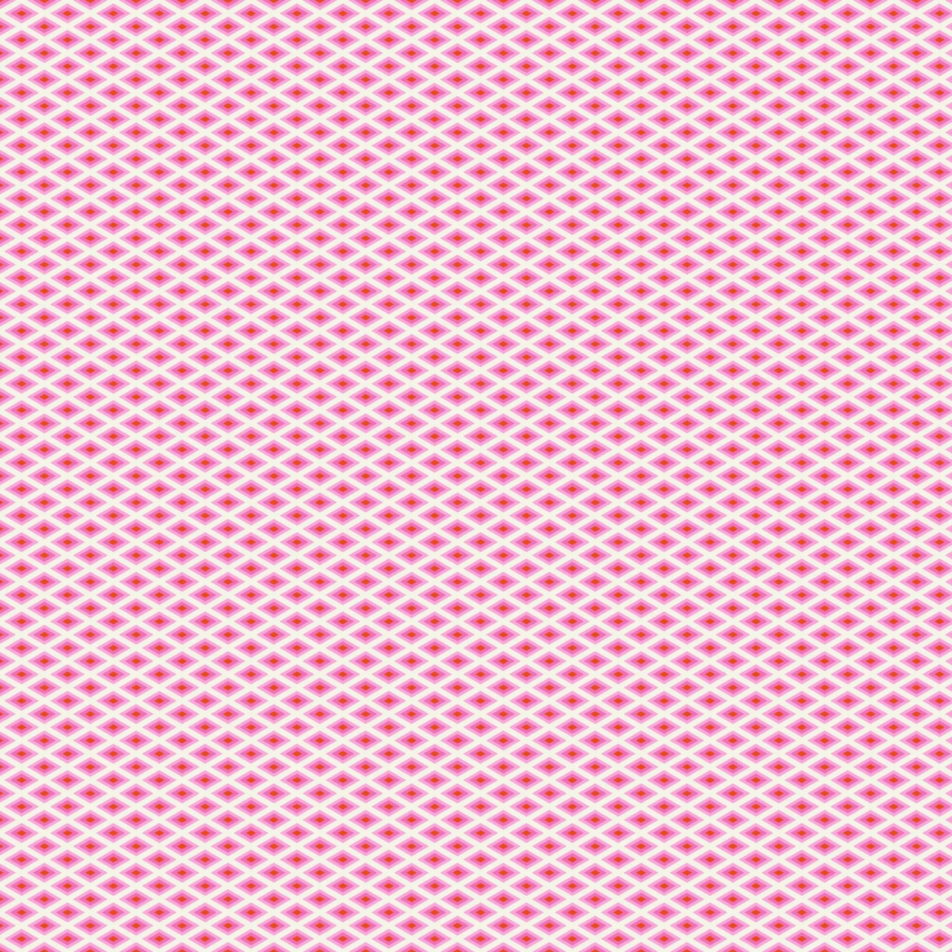 A fine, all-over geometric lattice of tiny diamond shapes in a crisp white and hot pink