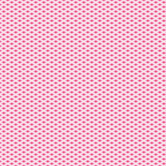 A fine, all-over geometric lattice of tiny diamond shapes in a crisp white and hot pink