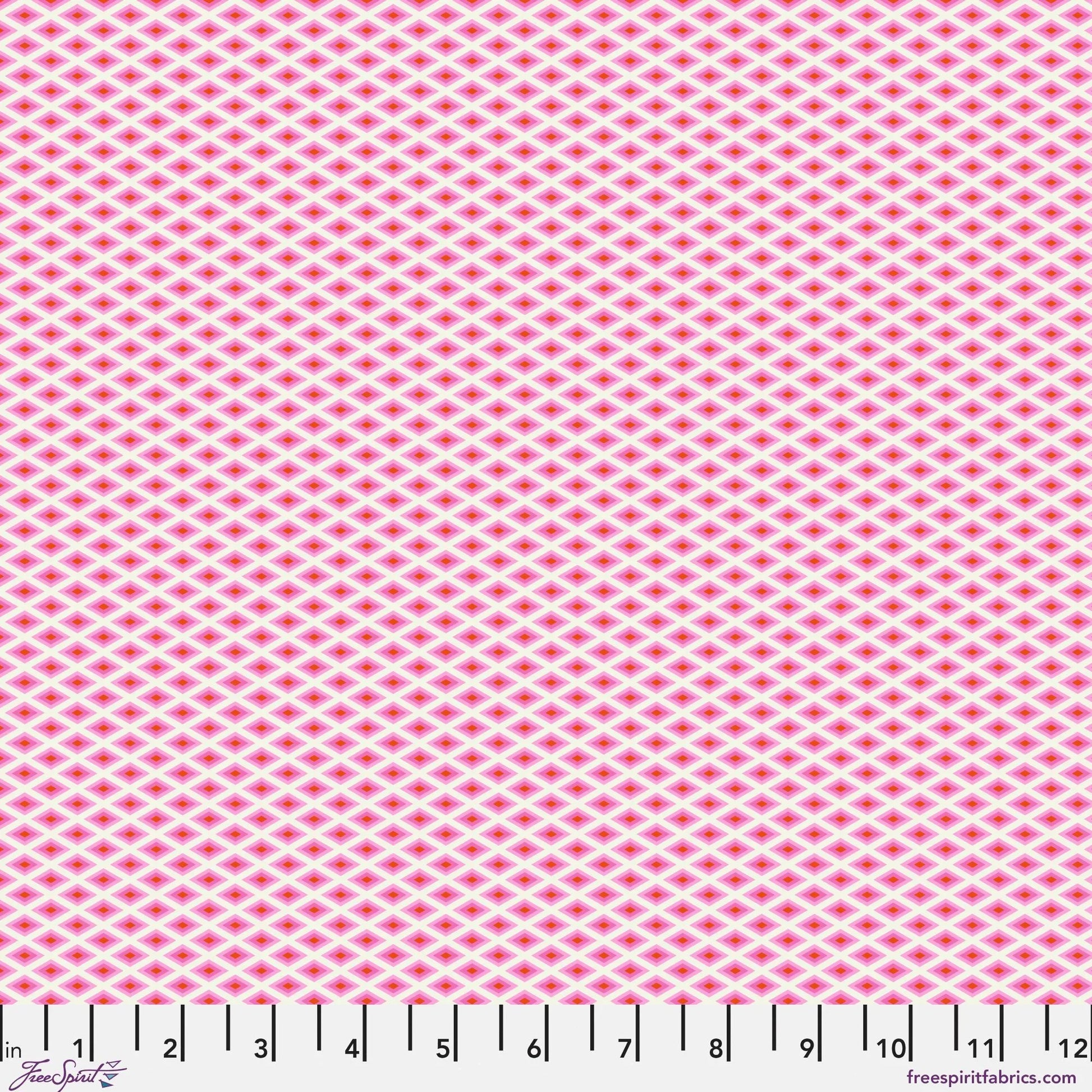 A fine, all-over geometric lattice of tiny diamond shapes in a crisp white and hot pink. Ruler at the bottom for scale.