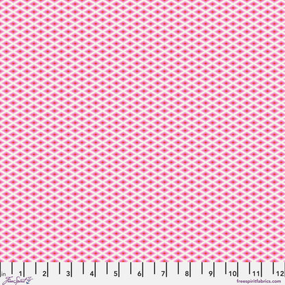 A fine, all-over geometric lattice of tiny diamond shapes in a crisp white and hot pink. Ruler at the bottom for scale.