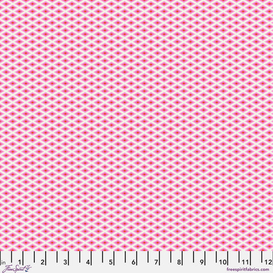 A fine, all-over geometric lattice of tiny diamond shapes in a crisp white and hot pink. Ruler at the bottom for scale.