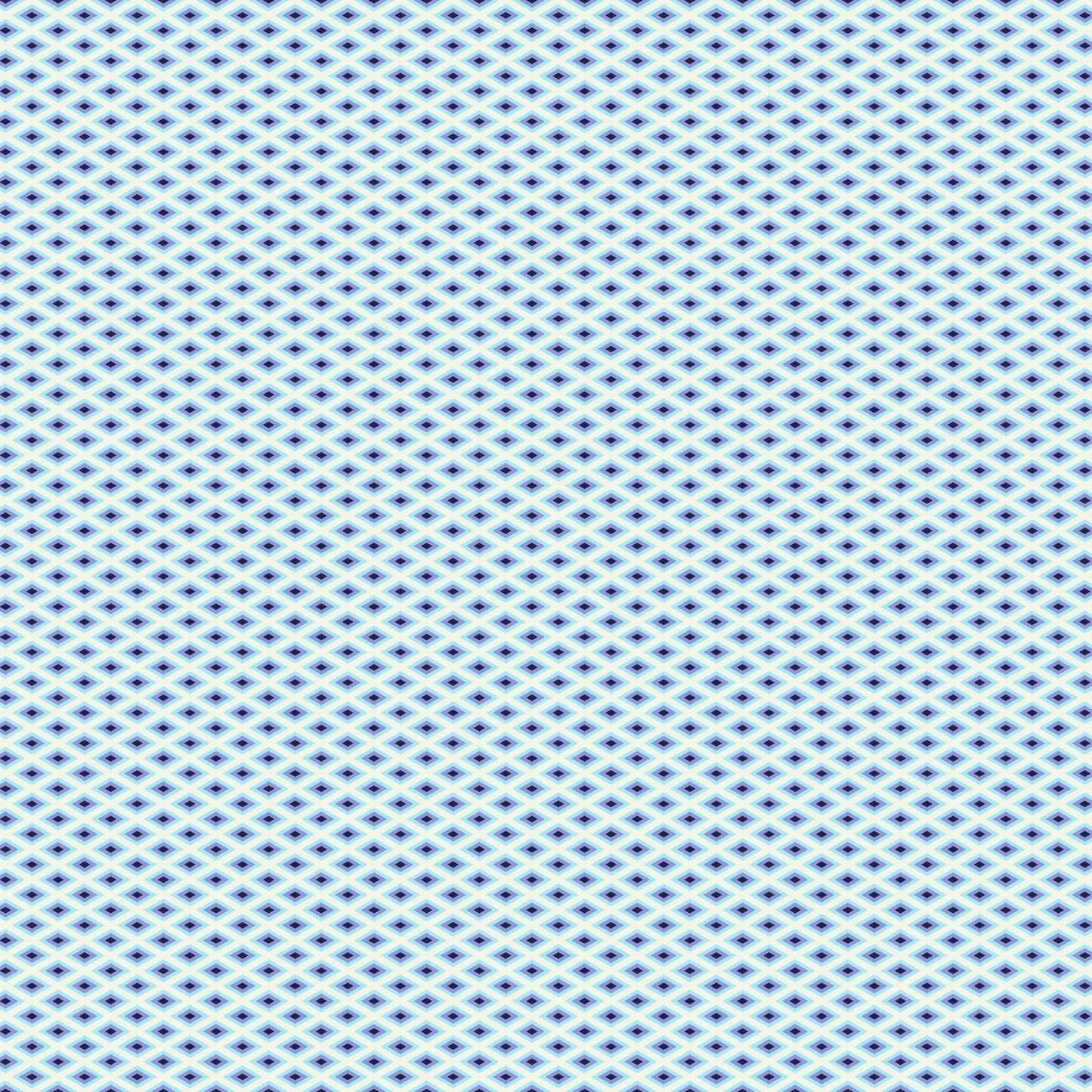 A fine, all-over geometric lattice of tiny diamond shapes in a crisp white and aqua blue