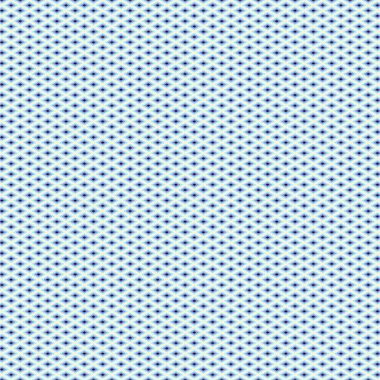 A fine, all-over geometric lattice of tiny diamond shapes in a crisp white and aqua blue