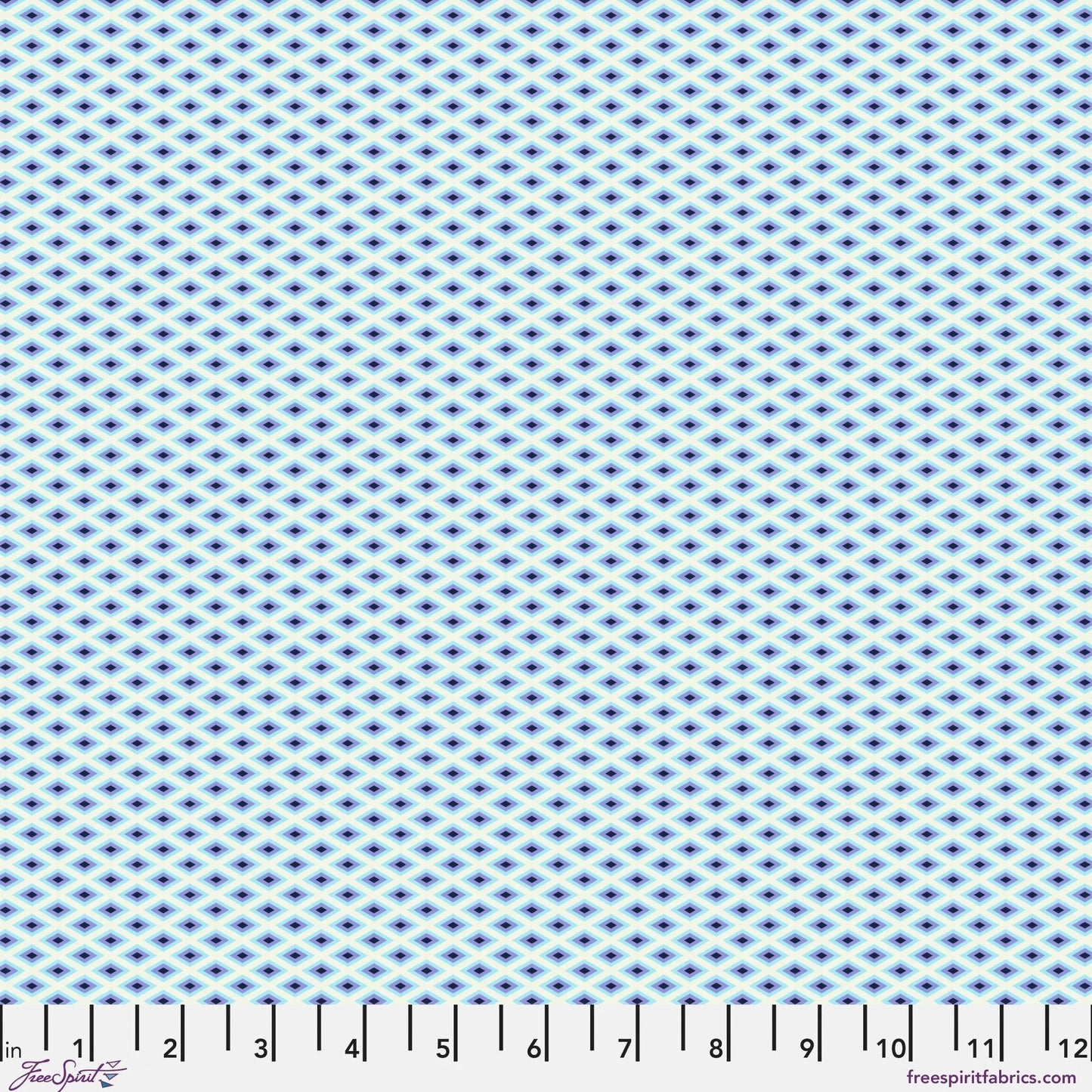 A fine, all-over geometric lattice of tiny diamond shapes in a crisp white and aqua blue. Ruler at the bottom for scale.