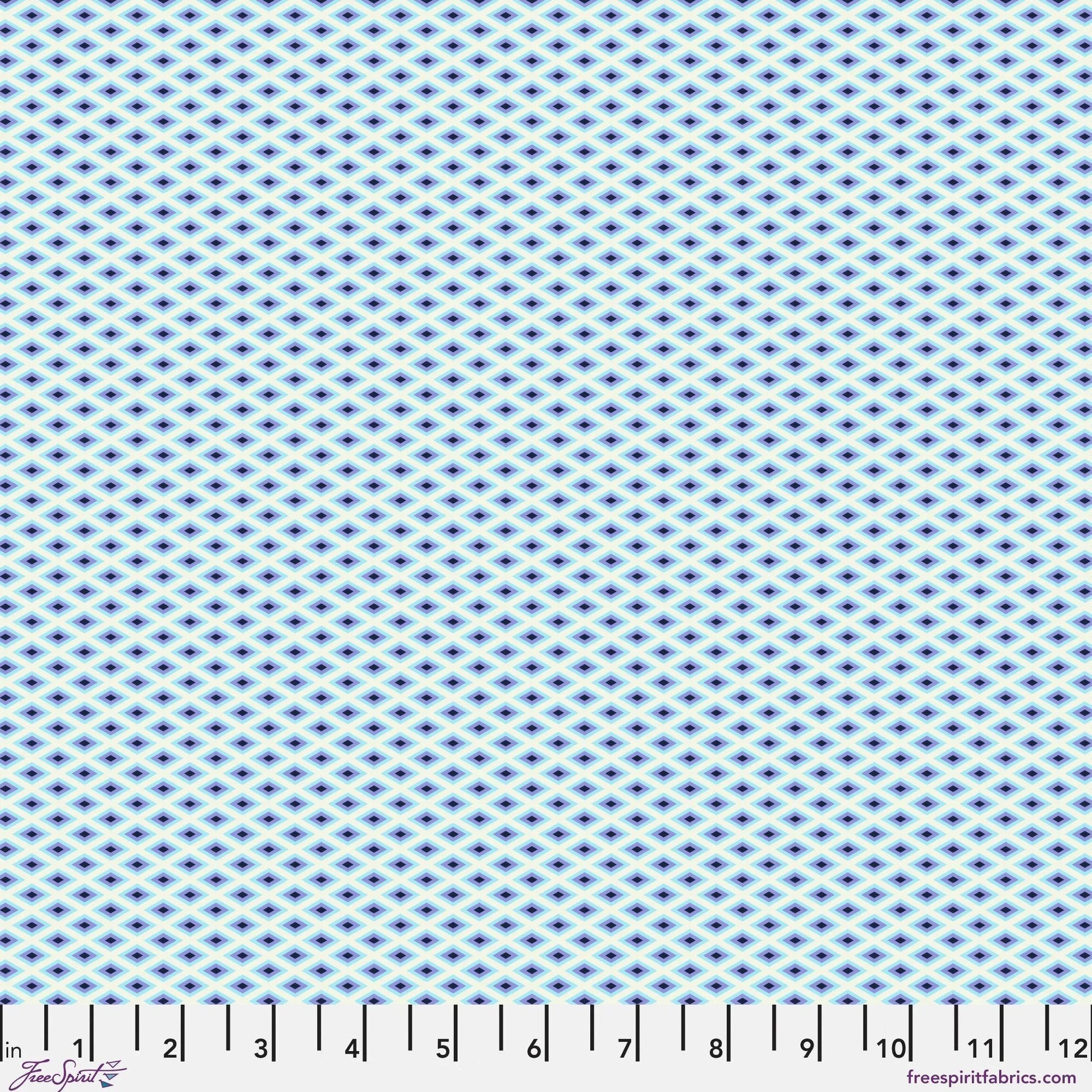 A fine, all-over geometric lattice of tiny diamond shapes in a crisp white and aqua blue. Ruler at the bottom for scale.