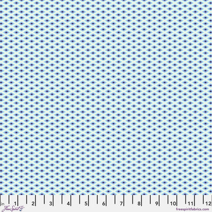 A fine, all-over geometric lattice of tiny diamond shapes in a crisp white and aqua blue. Ruler at the bottom for scale.