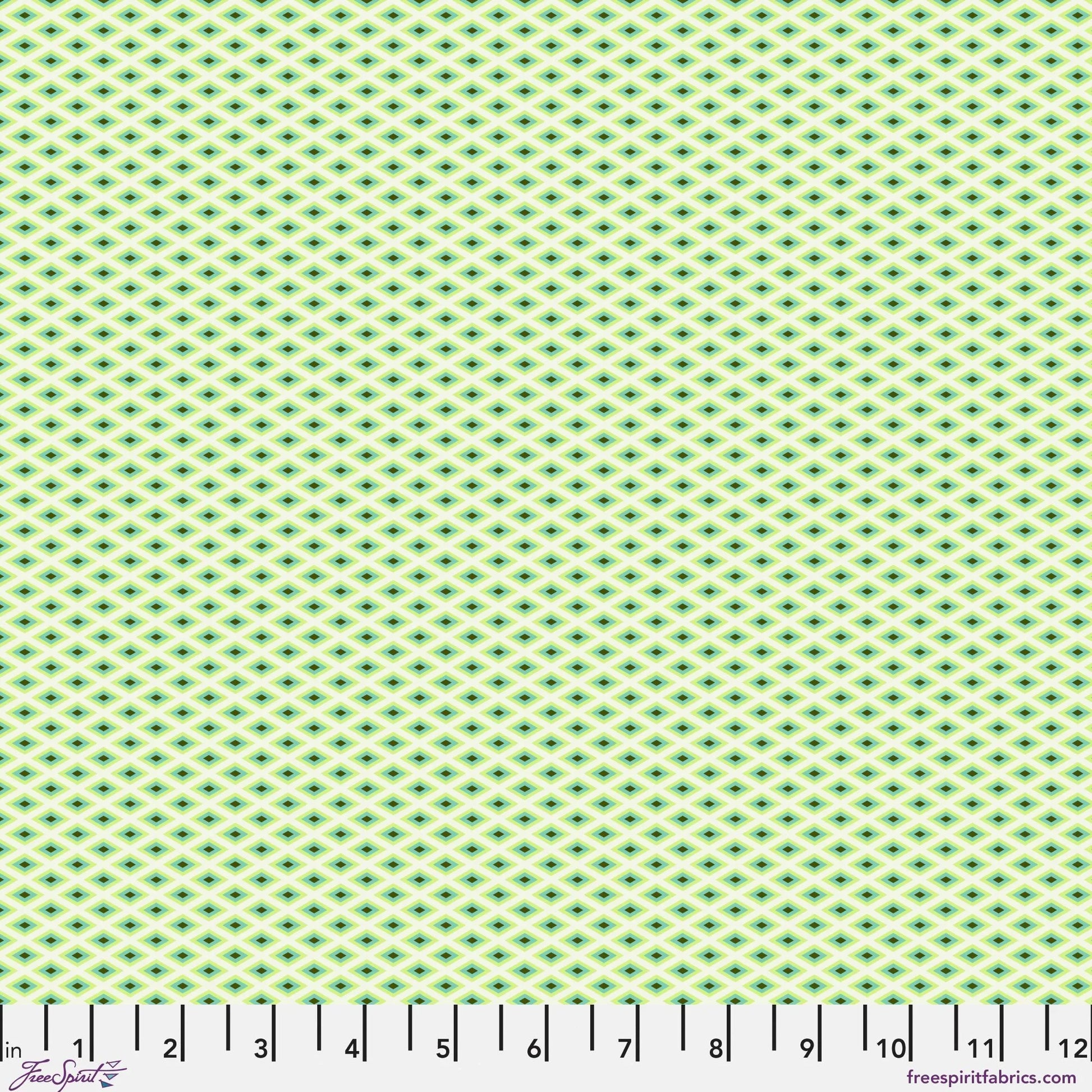 A fine, all-over geometric lattice of tiny diamond shapes in a crisp white and lime green. Ruler at the bottom for scale.