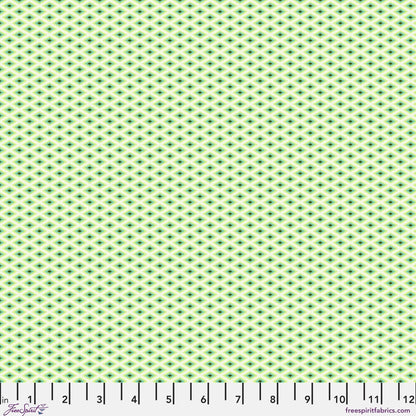 A fine, all-over geometric lattice of tiny diamond shapes in a crisp white and lime green. Ruler at the bottom for scale.