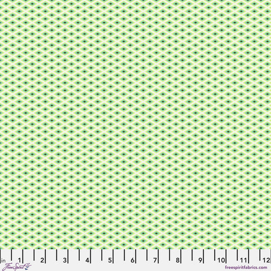 A fine, all-over geometric lattice of tiny diamond shapes in a crisp white and lime green. Ruler at the bottom for scale.