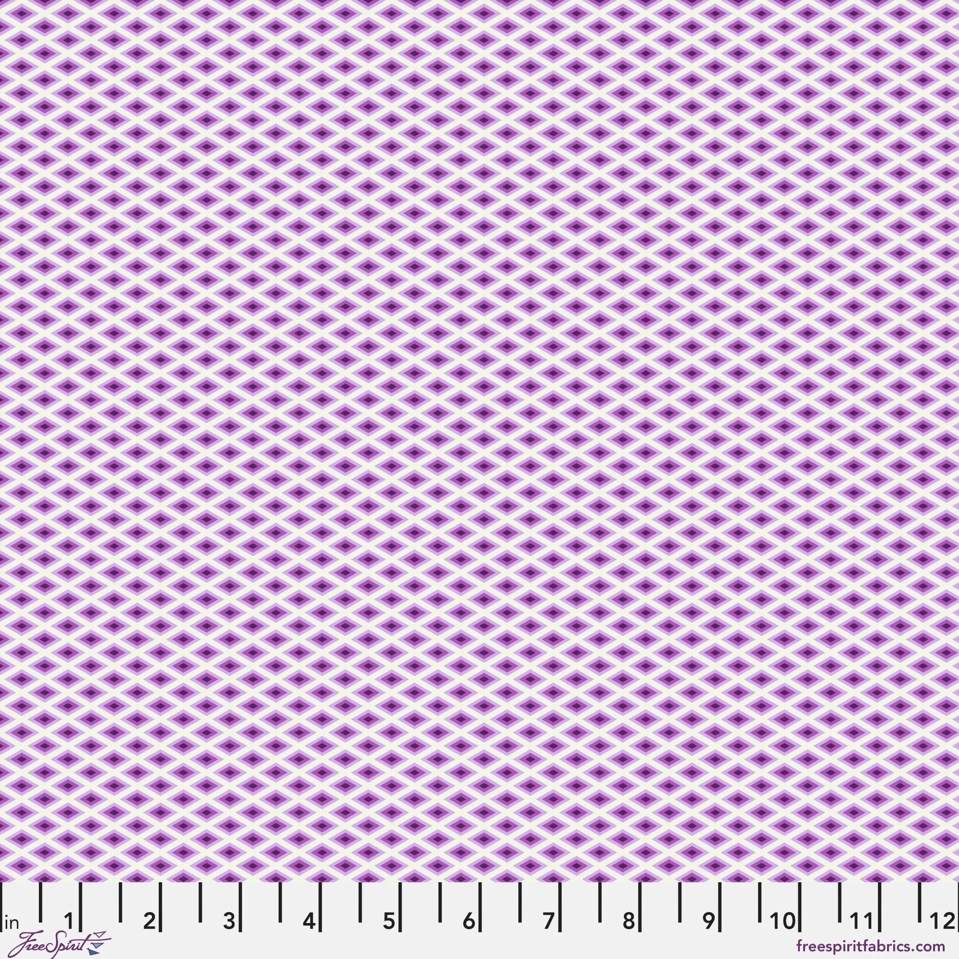 A fine, all-over geometric lattice of tiny diamond shapes in a crisp white, lavender, and violet. Ruler at the bottom for scale.