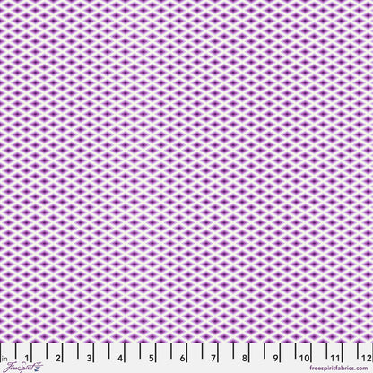 A fine, all-over geometric lattice of tiny diamond shapes in a crisp white, lavender, and violet. Ruler at the bottom for scale.