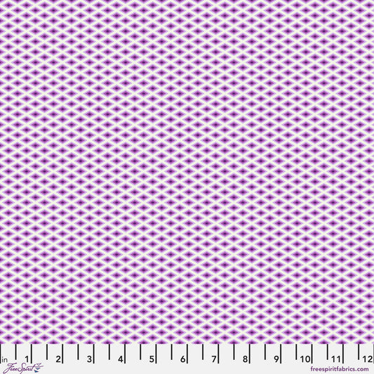 A fine, all-over geometric lattice of tiny diamond shapes in a crisp white, lavender, and violet. Ruler at the bottom for scale.