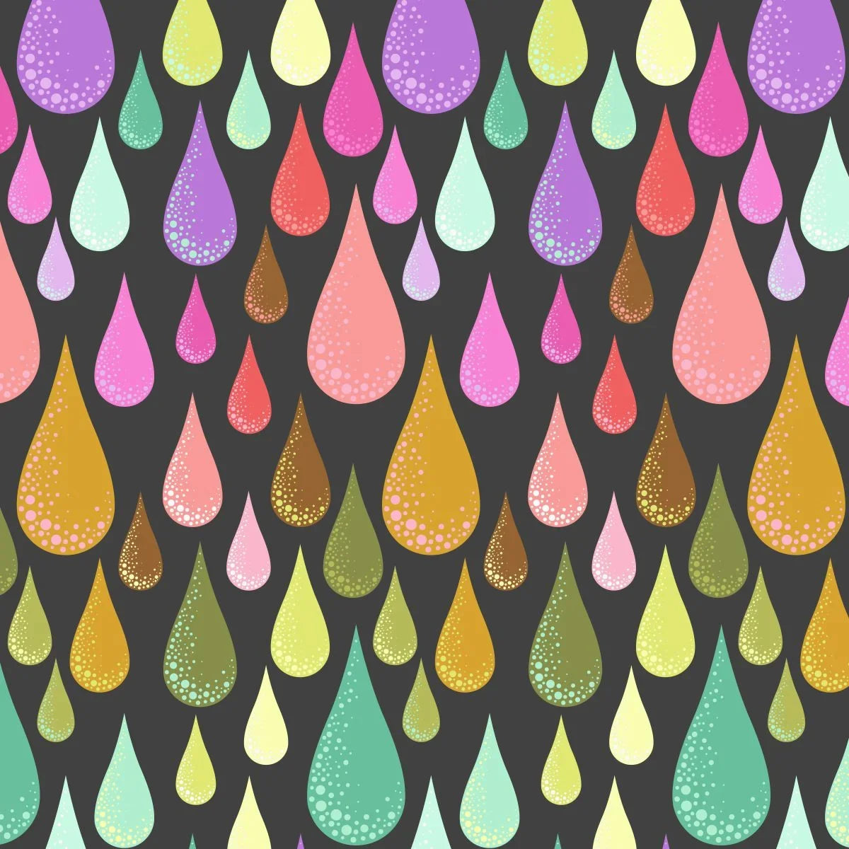 A repeating pattern of stylized teardrop shapes in bright rainbow colors on a dark charcoal background.