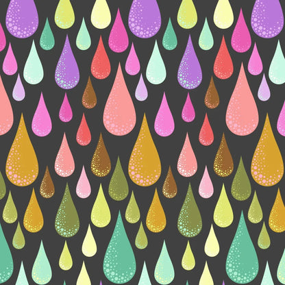 A repeating pattern of stylized teardrop shapes in bright rainbow colors on a dark charcoal background.