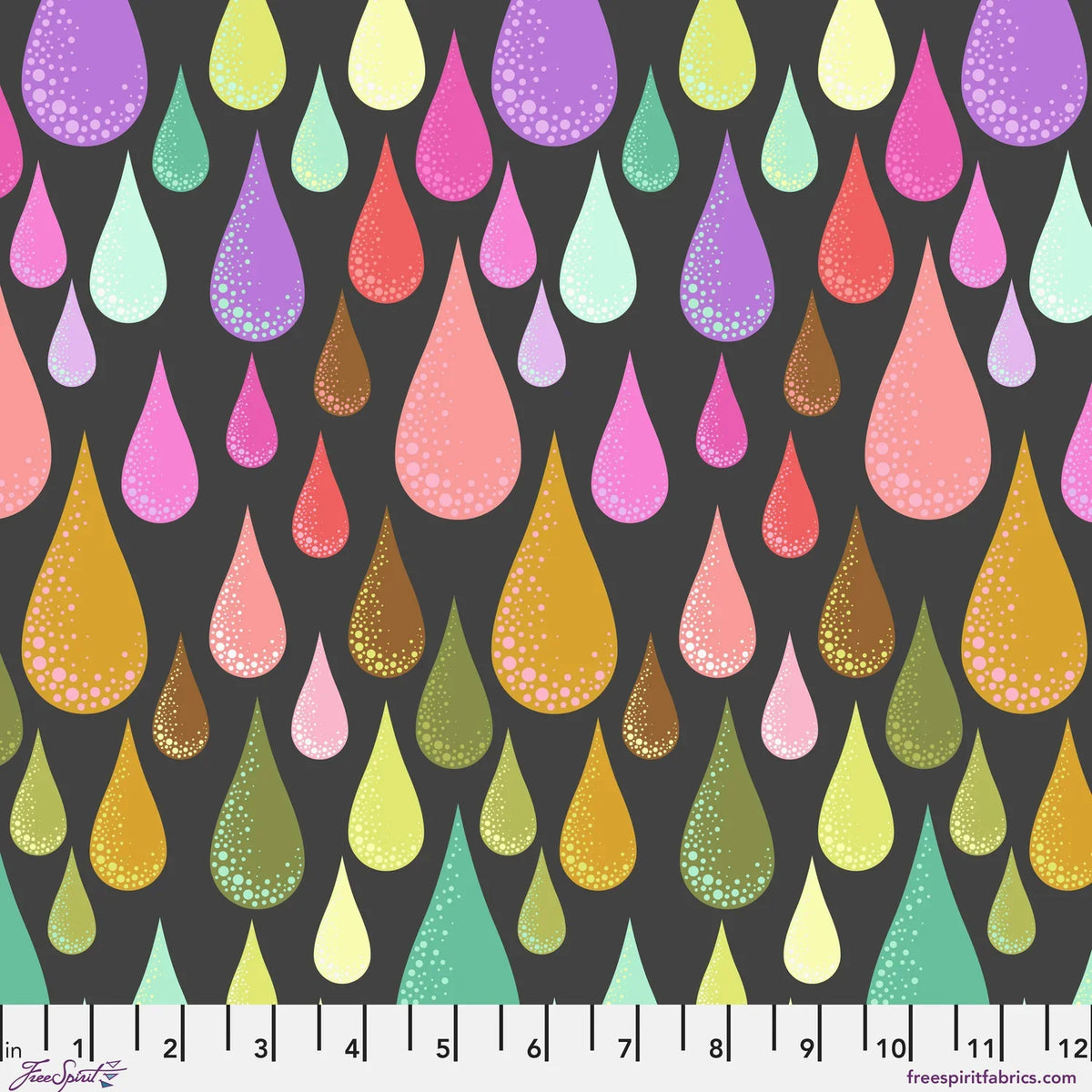 A repeating pattern of stylized teardrop shapes in bright rainbow colors on a dark charcoal background. Ruler at the bottom for scale.
