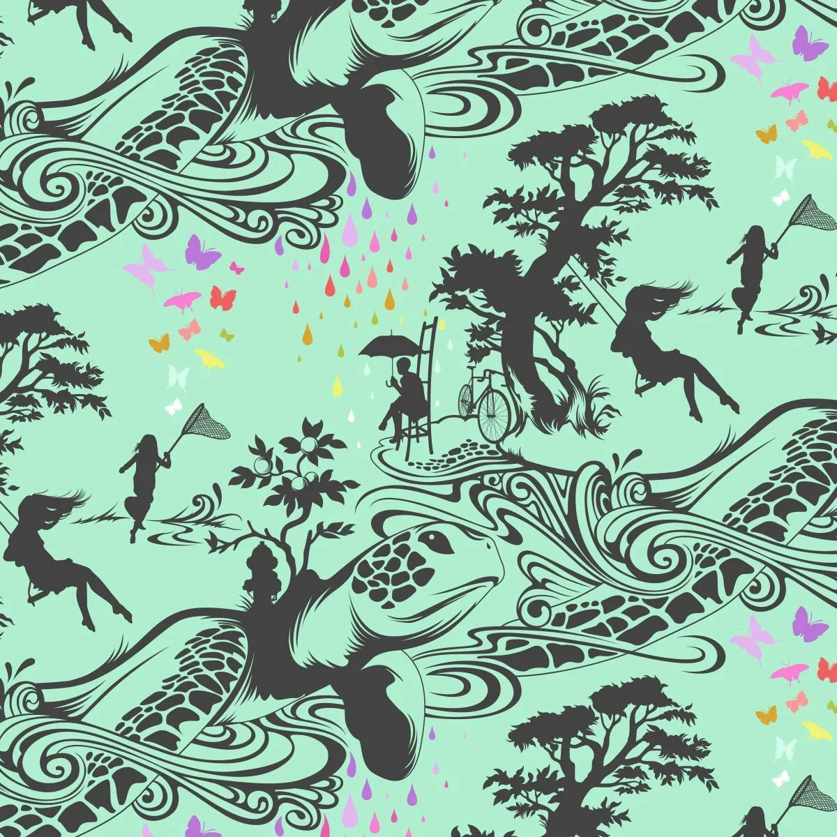 Dramatic, toile-style black silhouettes of children playing on oversized turtles against a teal background.