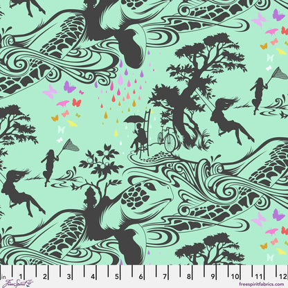Dramatic, toile-style black silhouettes of children playing on oversized turtles against a teal background. Ruler at the bottom for scale.