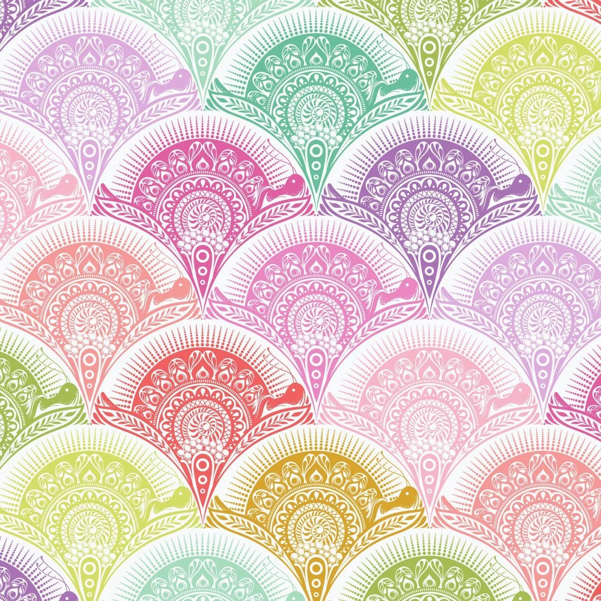 A repeating seamless pattern of scalloped fan shapes in pastel rainbow colors with intricate white mandala and floral motifs.